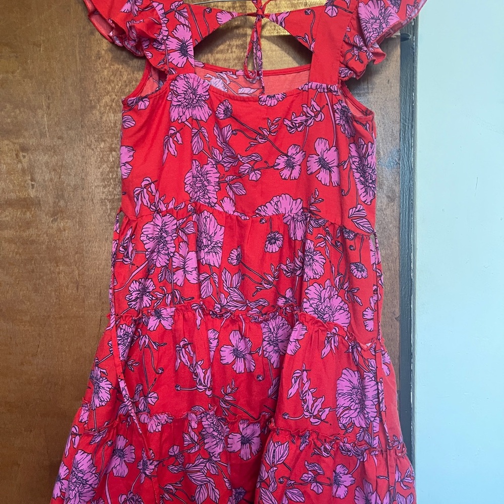 Red Floral Ruffled Cold Shoulder Sundress - Picture 2 of 9